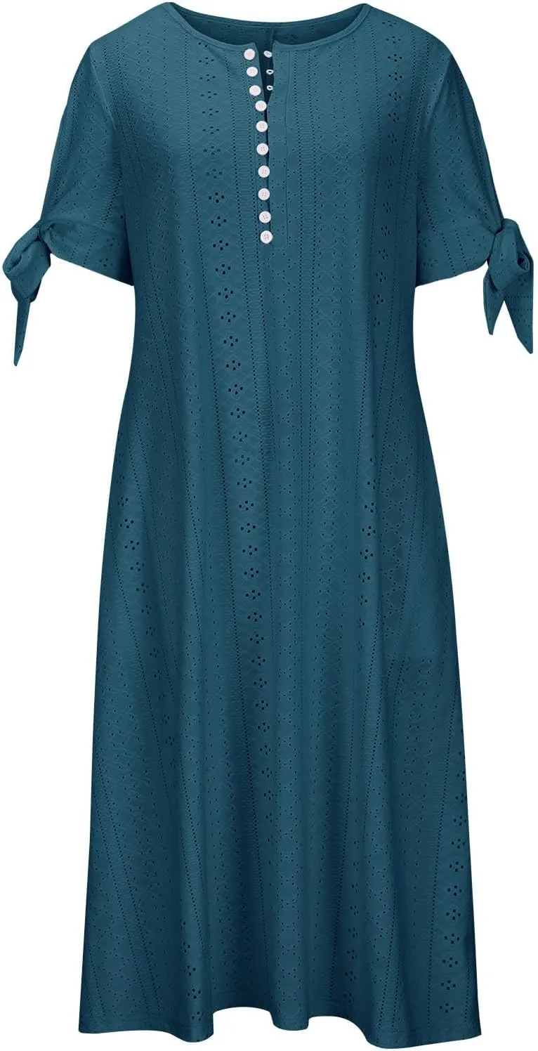 Women Short Sleeve Beach Midi Dresses Lightweight Eyelet Sundress Comfortable Trendy Clothes with Pockets
