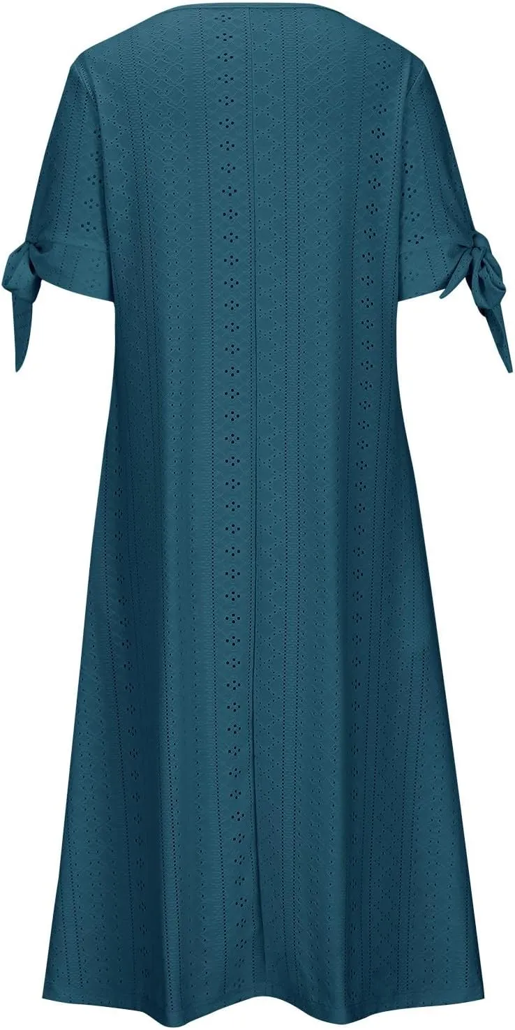 Women Short Sleeve Beach Midi Dresses Lightweight Eyelet Sundress Comfortable Trendy Clothes with Pockets