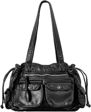 Women Shoulder Bag PU Leather Drawstring Motorcycle Bags Large Capacity Multiple Pockets Tote Handbag