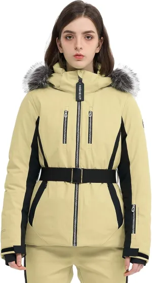 Women Ski Jacket Snowboard Fitted Slim Fit Short Snow Coat Belted Mountain Waterproof Insulated Warm Winter