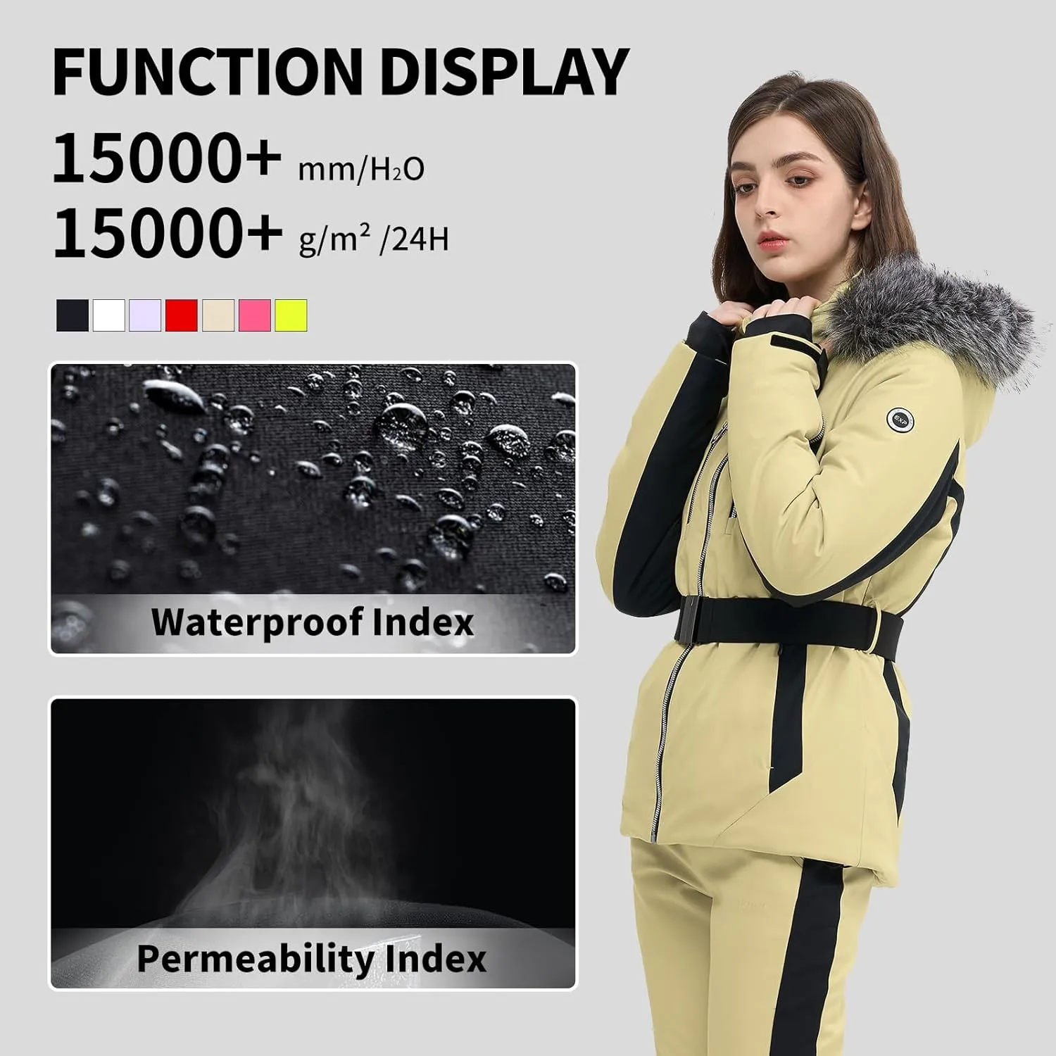 Women Ski Jacket Snowboard Fitted Slim Fit Short Snow Coat Belted Mountain Waterproof Insulated Warm Winter