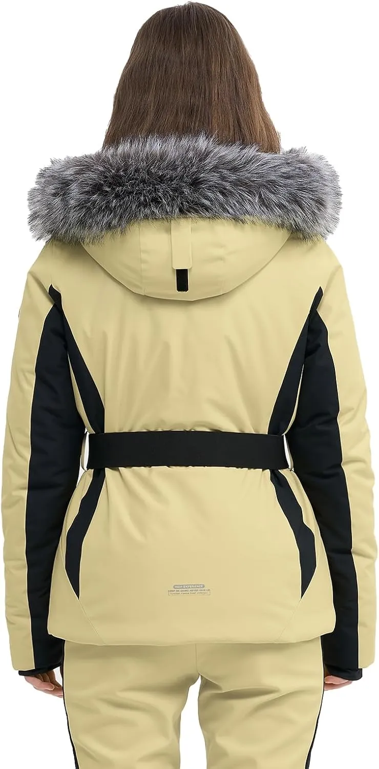 Women Ski Jacket Snowboard Fitted Slim Fit Short Snow Coat Belted Mountain Waterproof Insulated Warm Winter