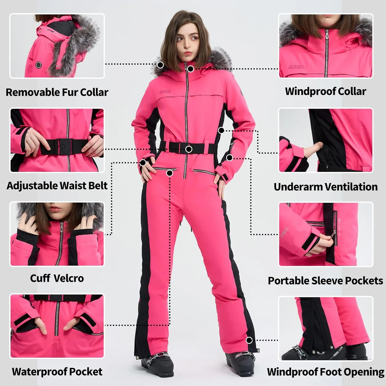 Women Ski Suit One Piece Snow Jumpsuit Snow Stretchy Outfit Snowboard Onesie Insulated Waterproof Winter Warm