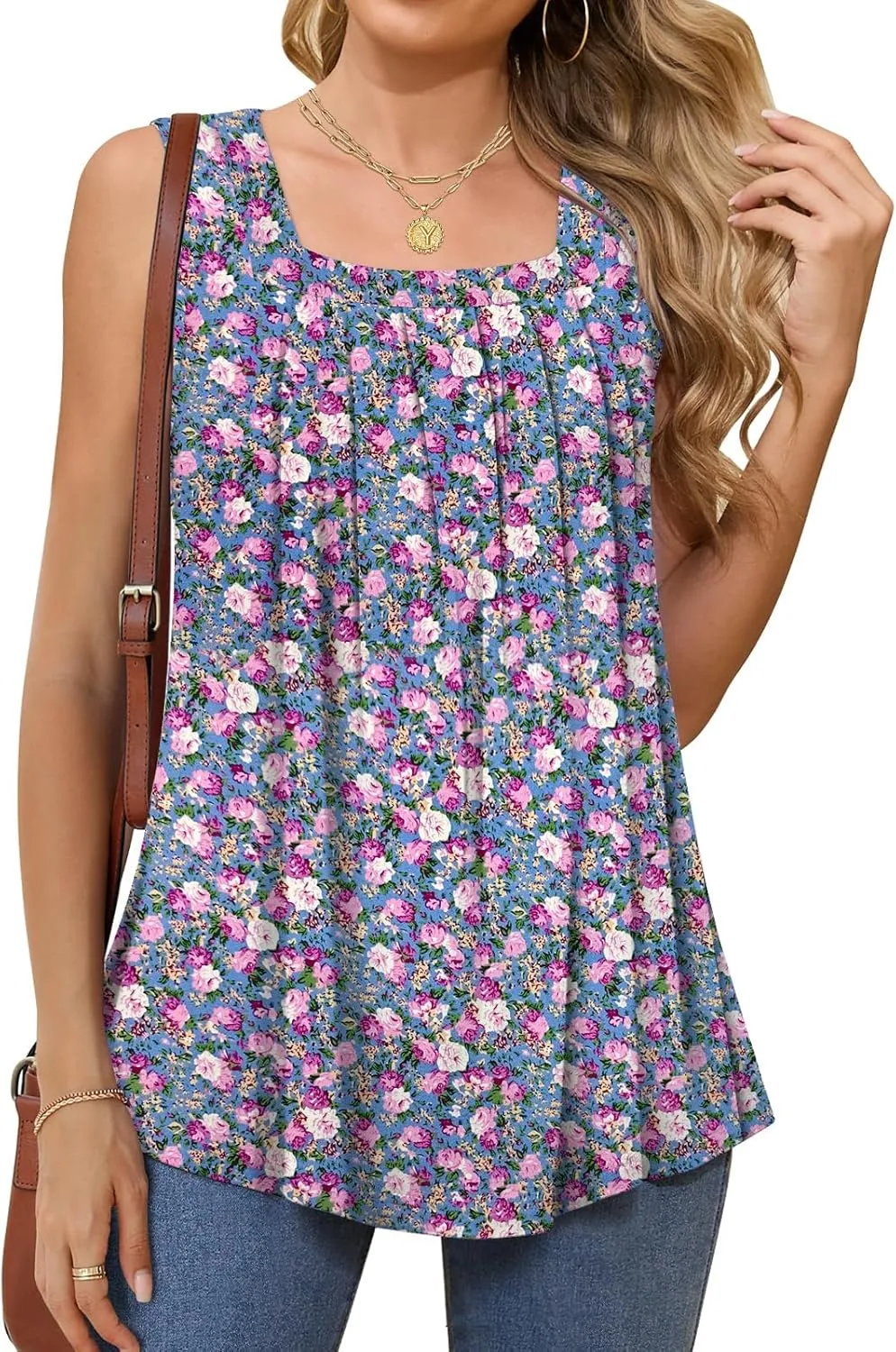 Women Tank Tops Summer Square Neck Sleeveless Tops Loose Fit Flowy Cute Casual Shirts S-3X