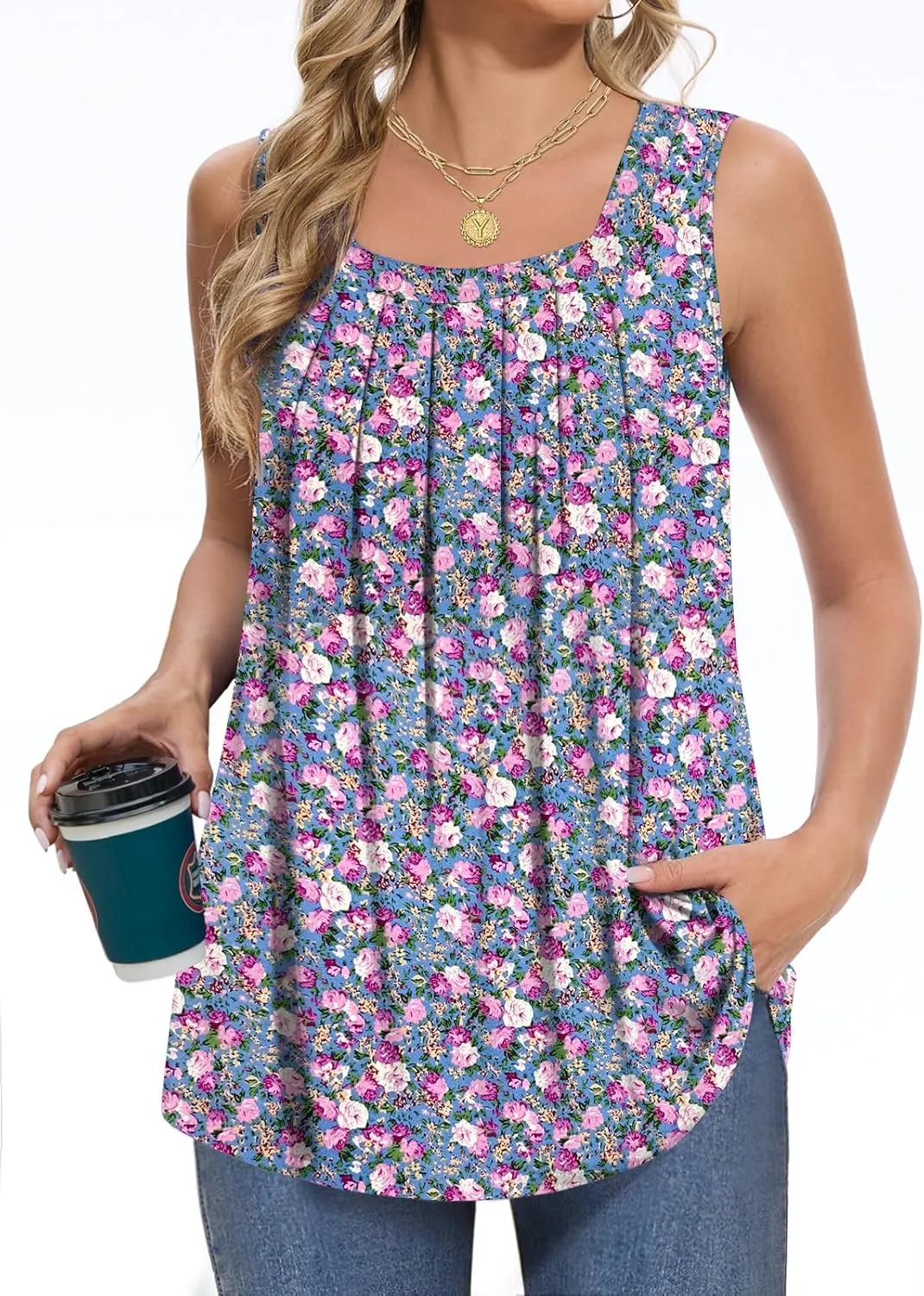 Women Tank Tops Summer Square Neck Sleeveless Tops Loose Fit Flowy Cute Casual Shirts S-3X