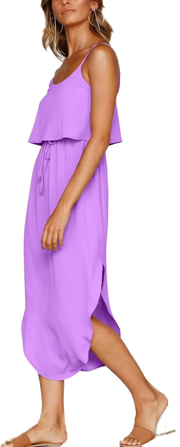 Women's Adjustable Strappy Split Summer Beach Casual Midi Dress