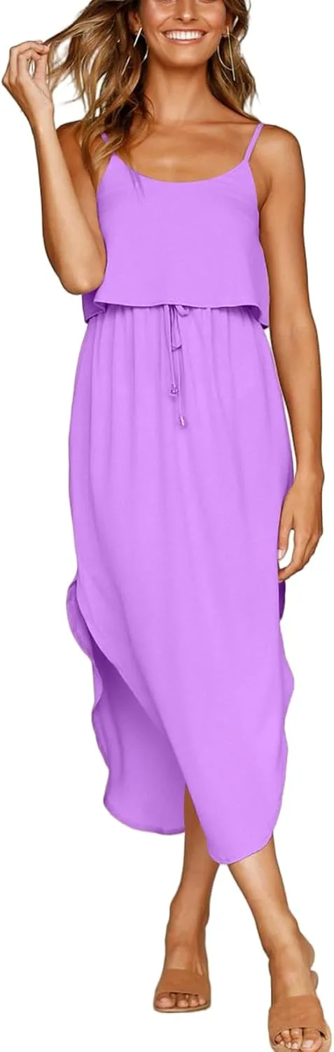 Women's Adjustable Strappy Split Summer Beach Casual Midi Dress