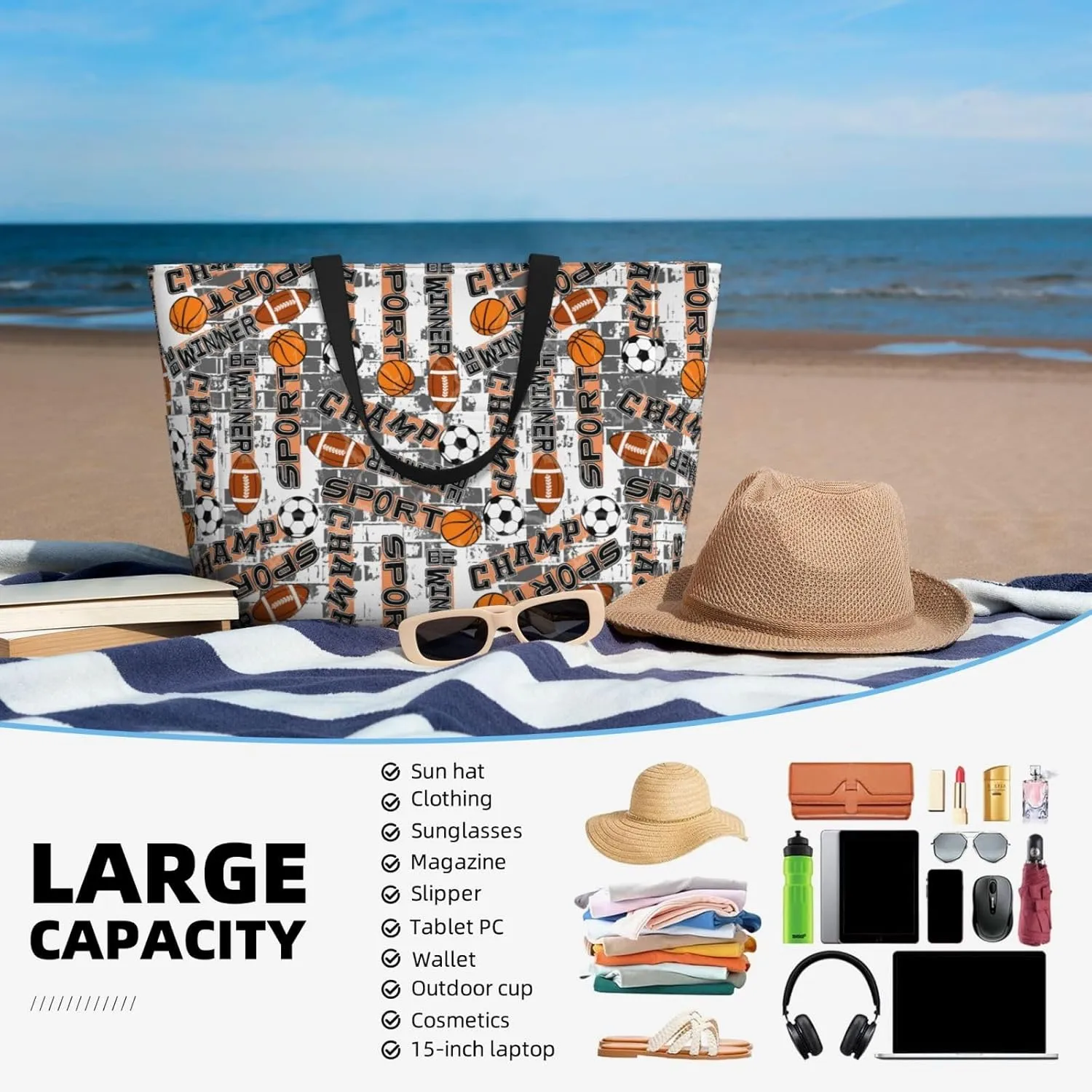 Women's Beach Travel Bags Large Waterproof Tote Bag with Pockets Sandproof Handbag for Beach Gym Vacation