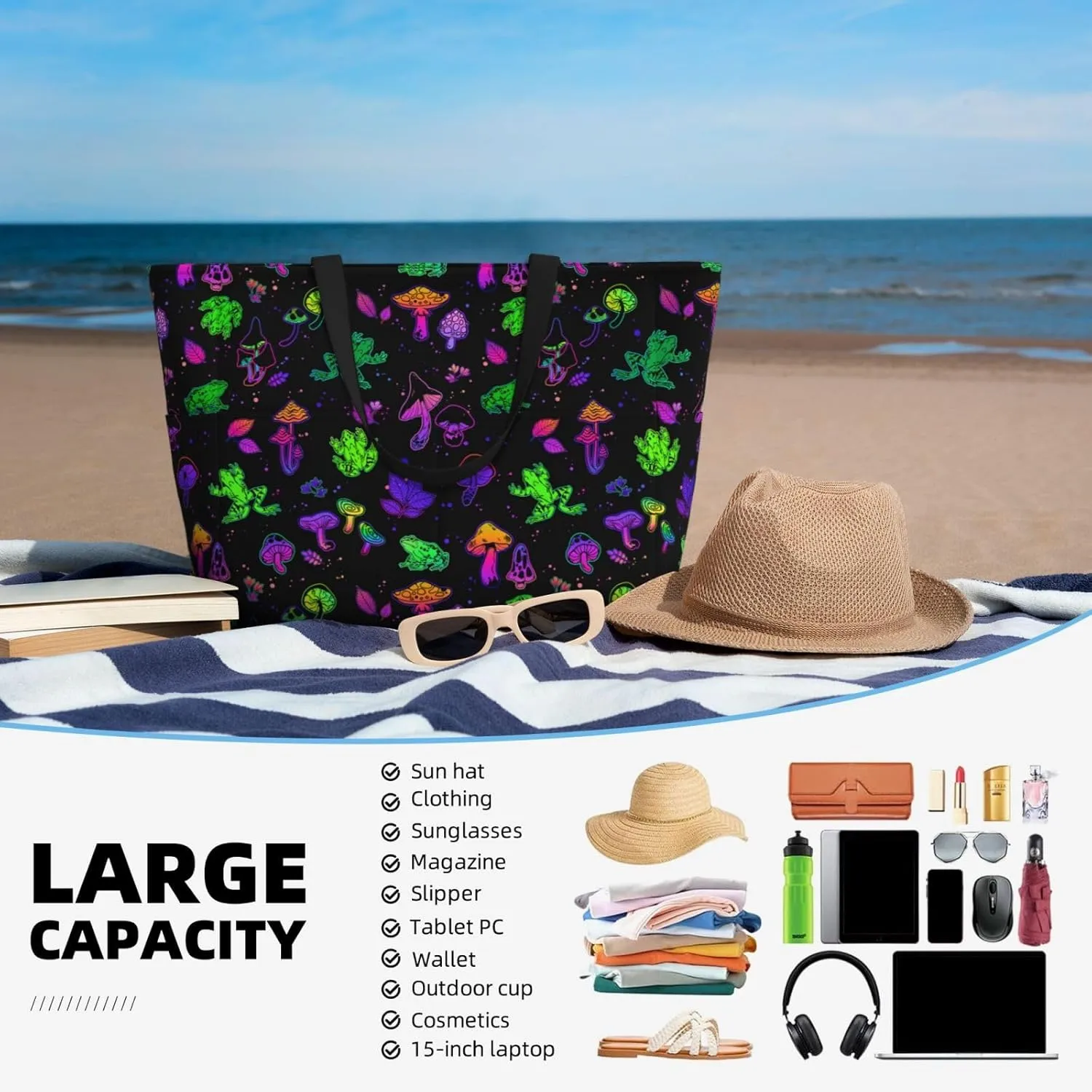 Women's Beach Travel Bags Large Waterproof Tote Bag with Pockets Sandproof Handbag for Beach Gym Vacation