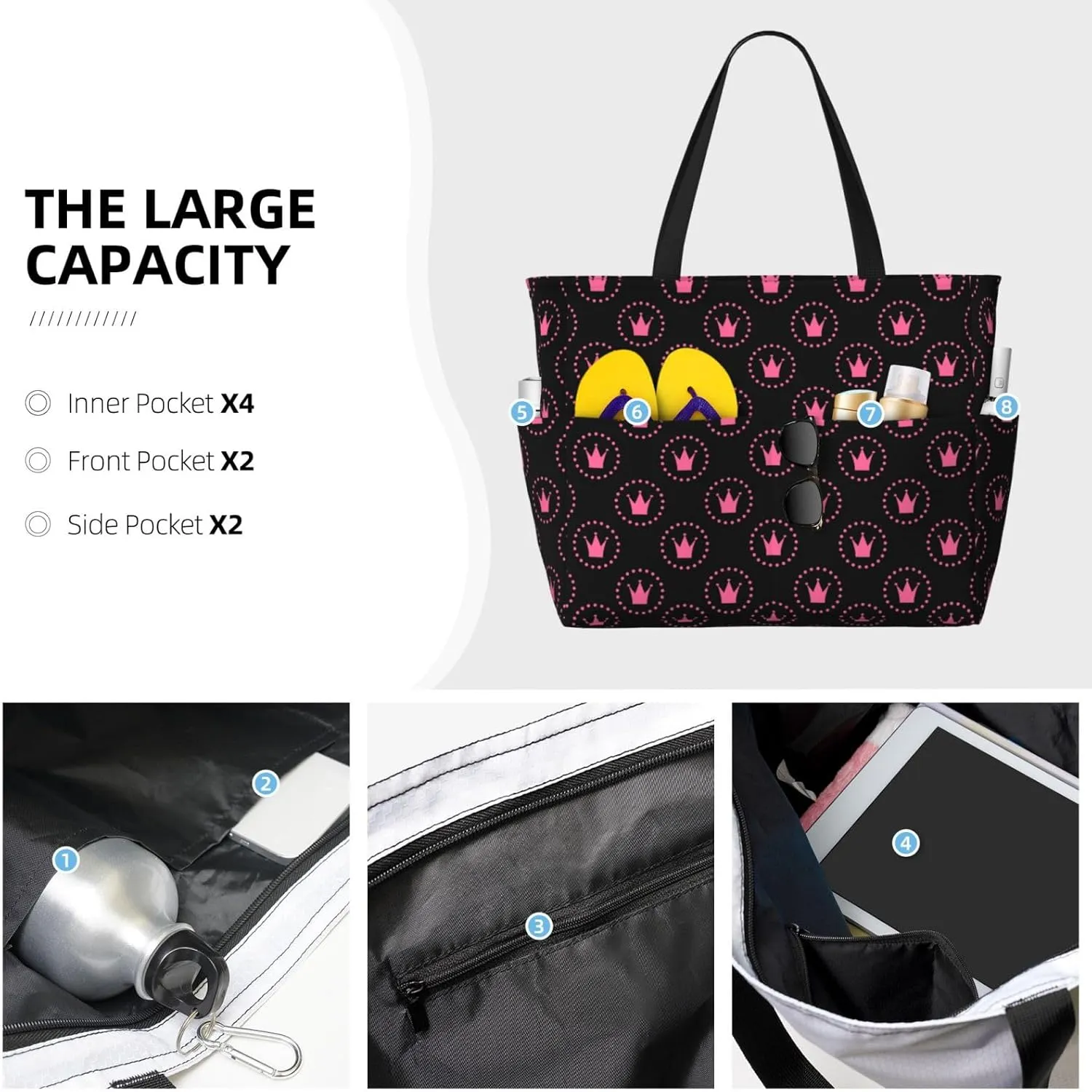 Women's Beach Travel Bags Large Waterproof Tote Bag with Pockets Sandproof Handbag for Beach Gym Vacation