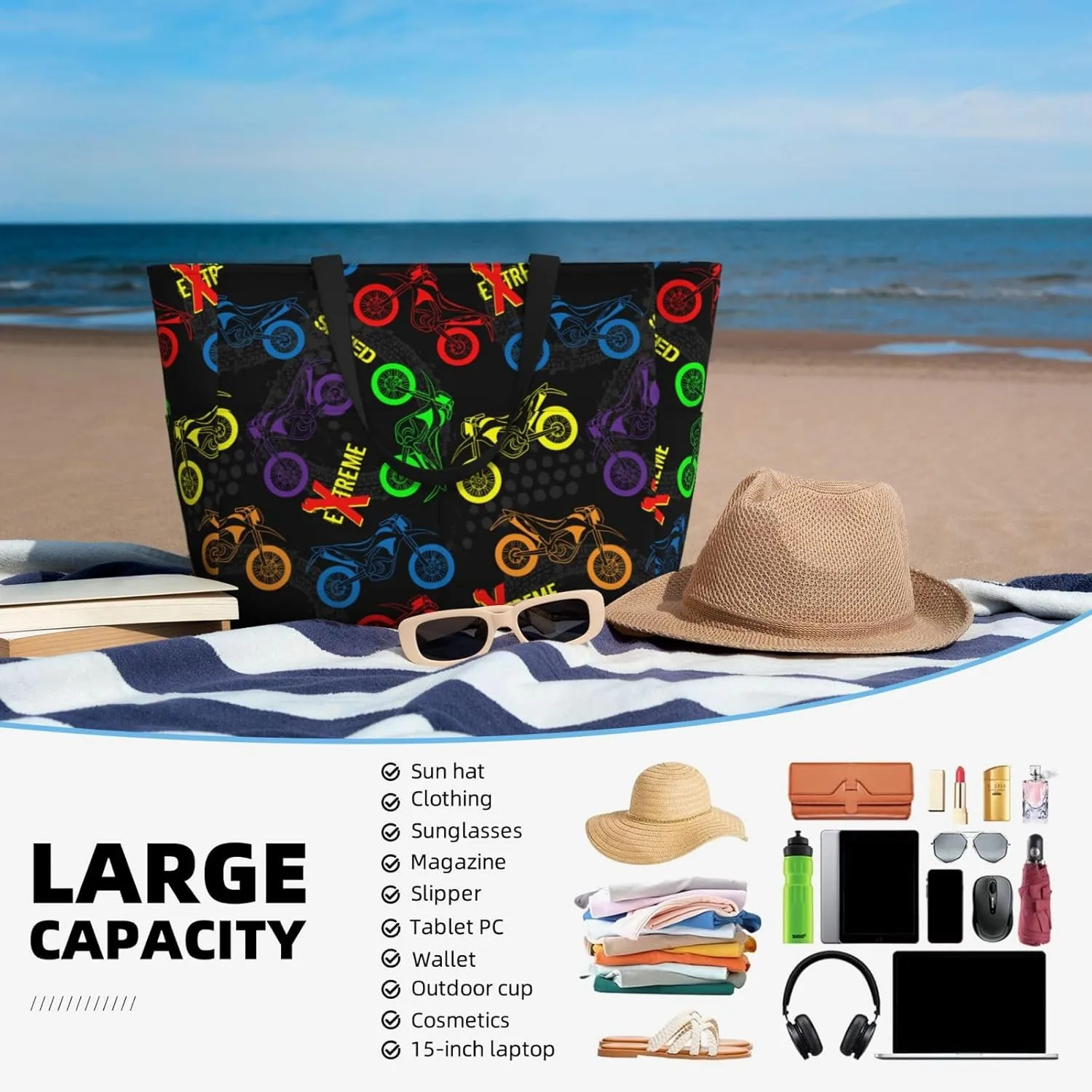 Women's Beach Travel Bags Large Waterproof Tote Bag with Pockets Sandproof Handbag for Beach Gym Vacation