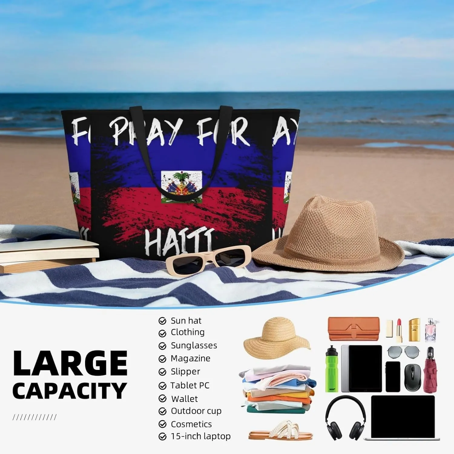 Women's Beach Travel Bags Large Waterproof Tote Bag with Pockets Sandproof Handbag for Beach Gym Vacation