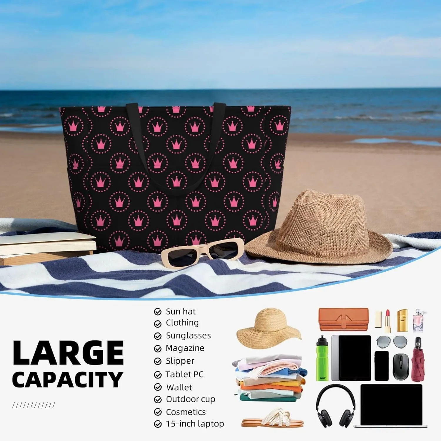 Women's Beach Travel Bags Large Waterproof Tote Bag with Pockets Sandproof Handbag for Beach Gym Vacation