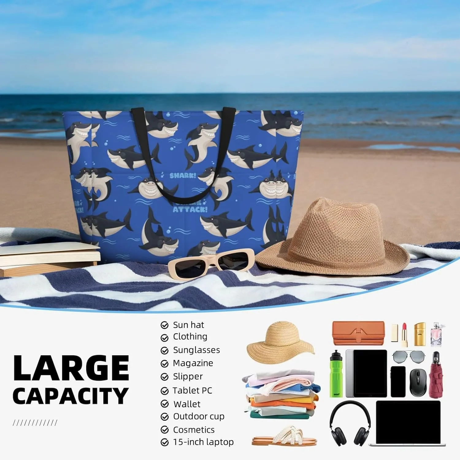 Women's Beach Travel Bags Large Waterproof Tote Bag with Pockets Sandproof Handbag for Beach Gym Vacation