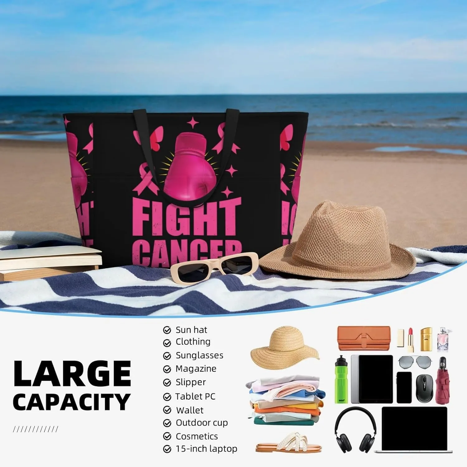 Women's Beach Travel Bags Large Waterproof Tote Bag with Pockets Sandproof Handbag for Beach Gym Vacation