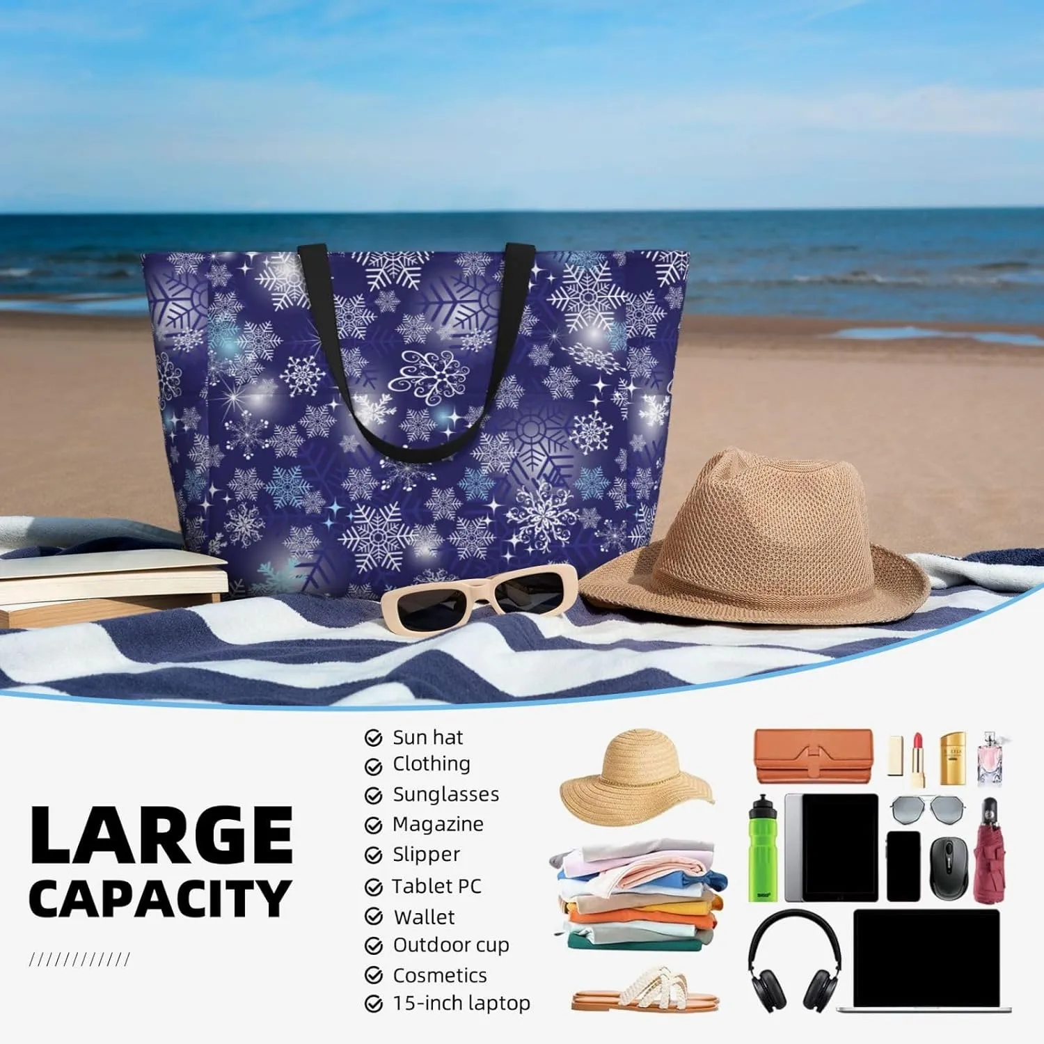Women's Beach Travel Bags Large Waterproof Tote Bag with Pockets Sandproof Handbag for Beach Gym Vacation