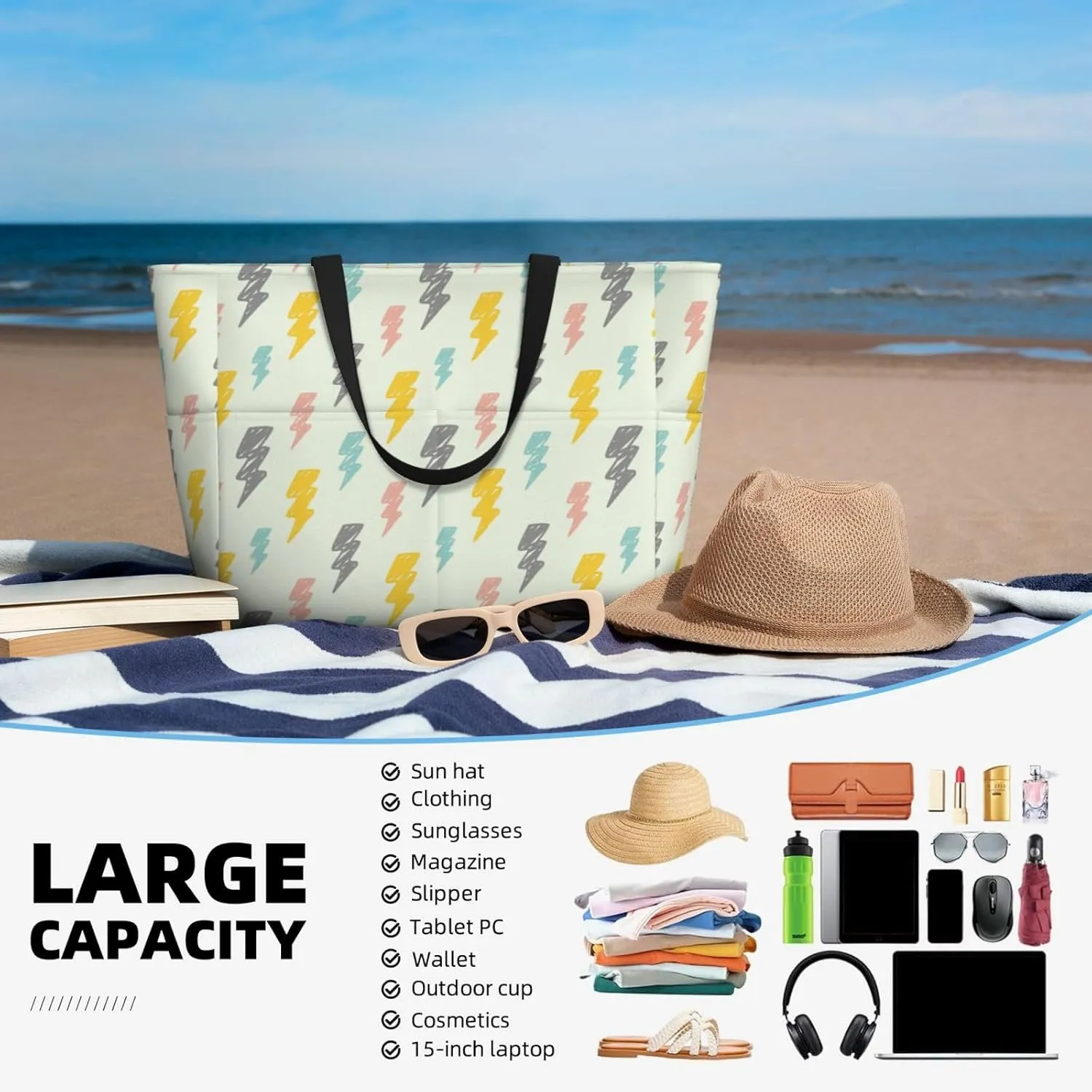 Women's Beach Travel Bags Large Waterproof Tote Bag with Pockets Sandproof Handbag for Beach Gym Vacation