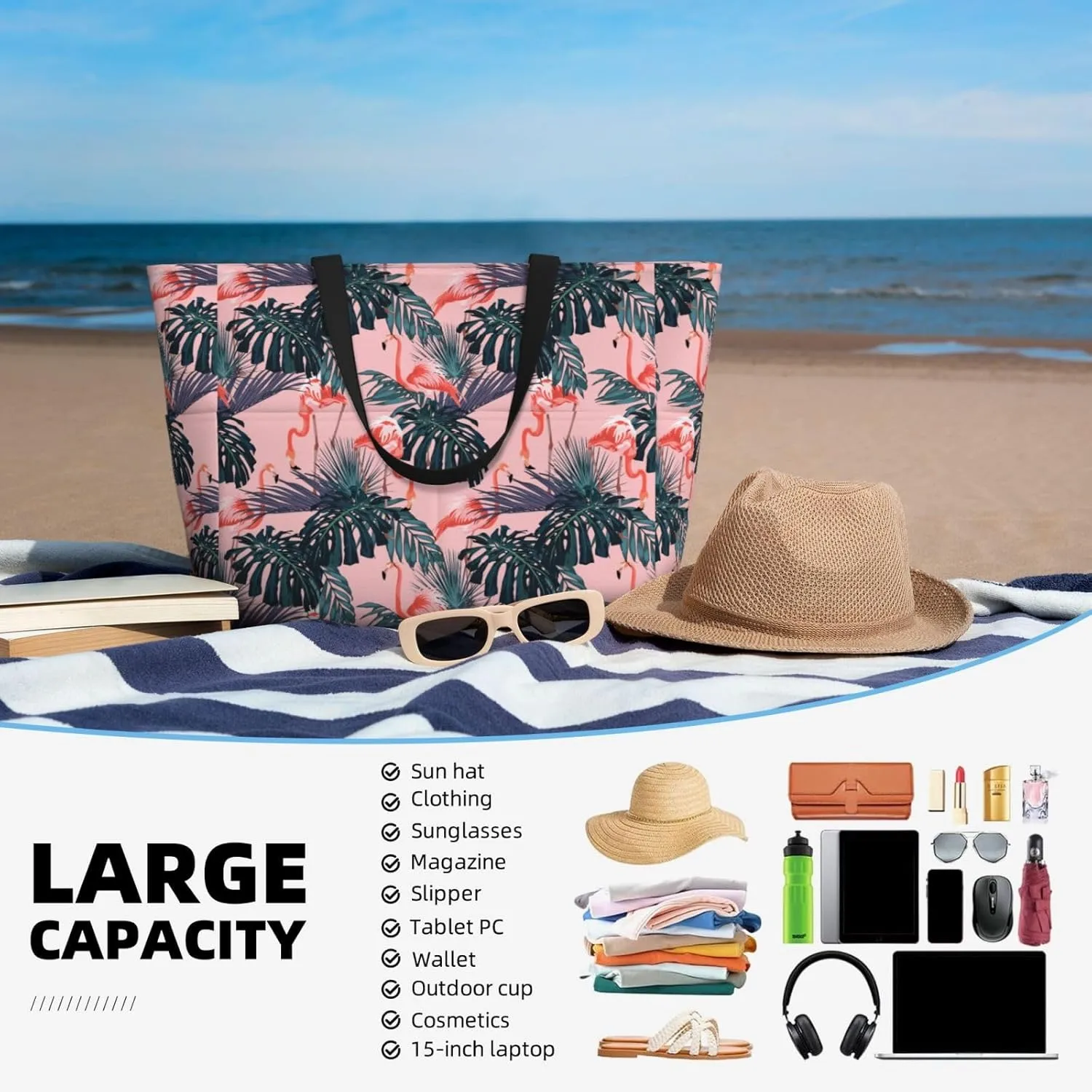 Women's Beach Travel Bags Large Waterproof Tote Bag with Pockets Sandproof Handbag for Beach Gym Vacation