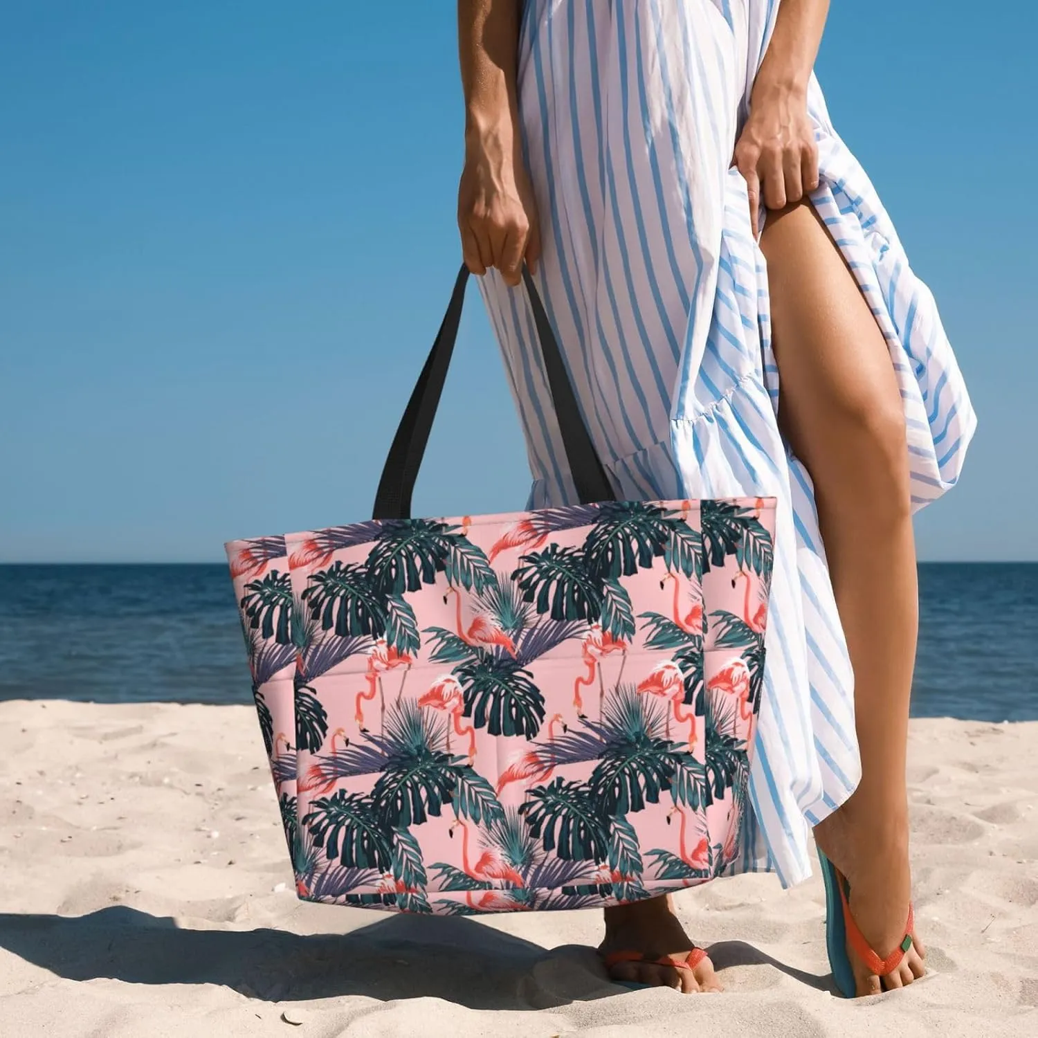 Women's Beach Travel Bags Large Waterproof Tote Bag with Pockets Sandproof Handbag for Beach Gym Vacation