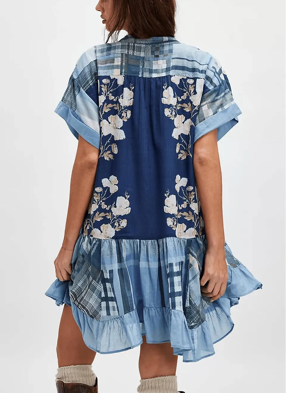 Women’s Boho Mini Dress Y2k Floral Print Deep V-Neck Puff Sleeve Short Dress 2025 Summer Loose Beach Sundress