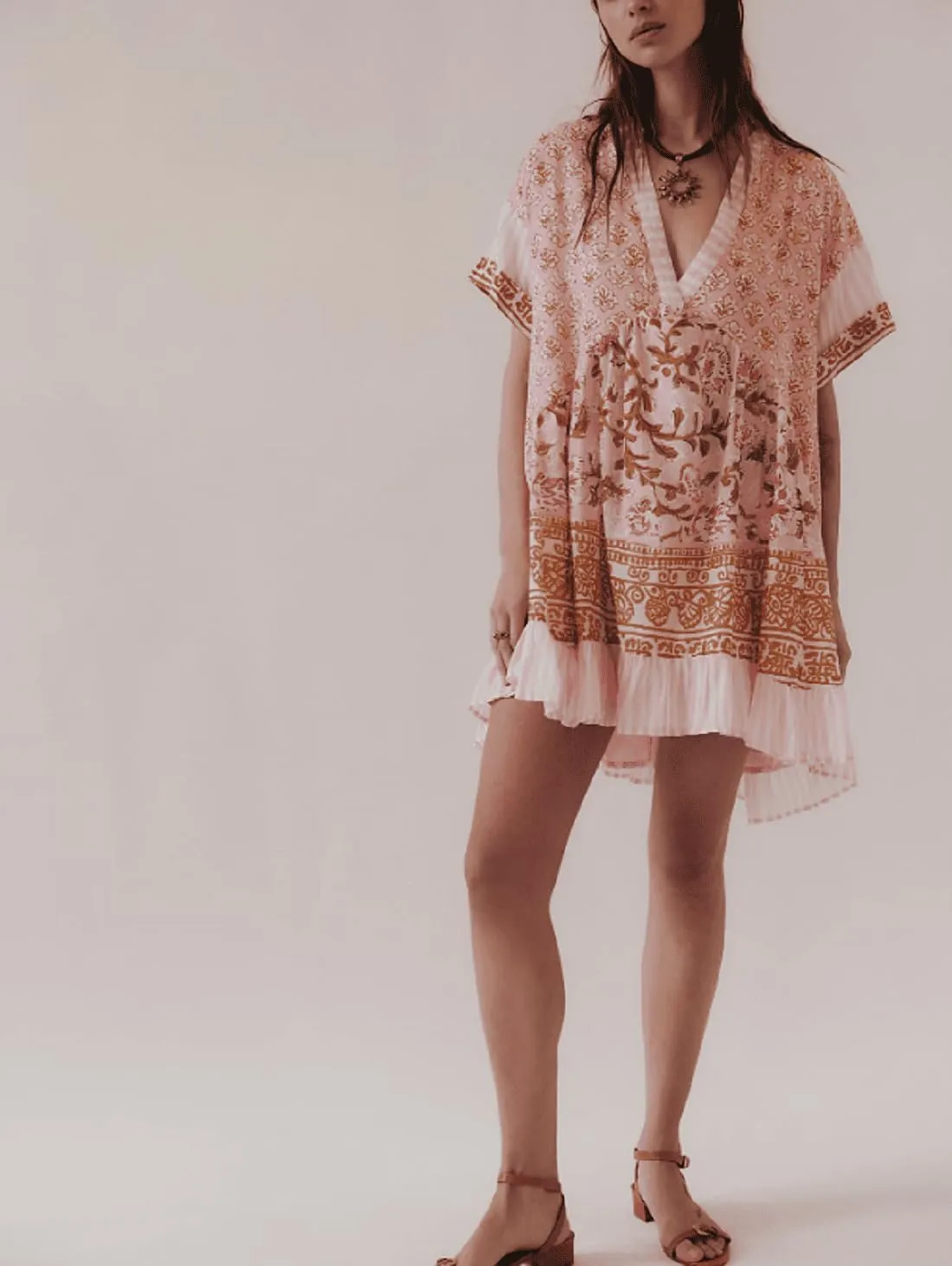 Women’s Boho Mini Dress Y2k Floral Print Deep V-Neck Puff Sleeve Short Dress 2025 Summer Loose Beach Sundress