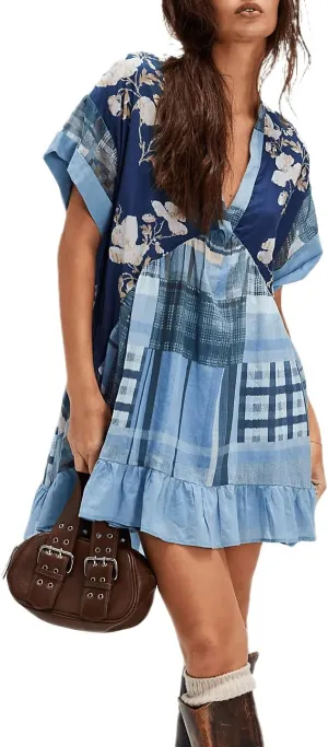 Women’s Boho Mini Dress Y2k Floral Print Deep V-Neck Puff Sleeve Short Dress 2025 Summer Loose Beach Sundress