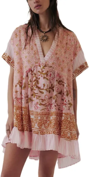 Women’s Boho Mini Dress Y2k Floral Print Deep V-Neck Puff Sleeve Short Dress 2025 Summer Loose Beach Sundress
