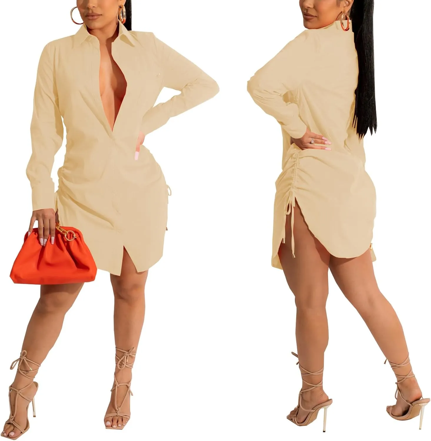 Women's Casual Long Sleeve Button Down Shirts Mini Dress Sexy V Neck T-Shirts Tops Loose Collar Long Blouse Wrap Dress