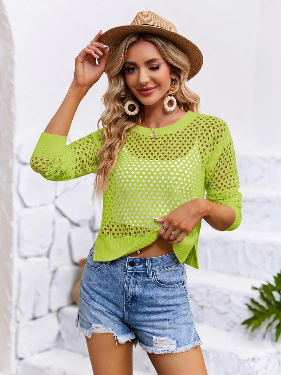 Women's Crochet Mesh Sweaters Hollow Out Long Sleeve Knit Top Bikini Beach Cover Ups