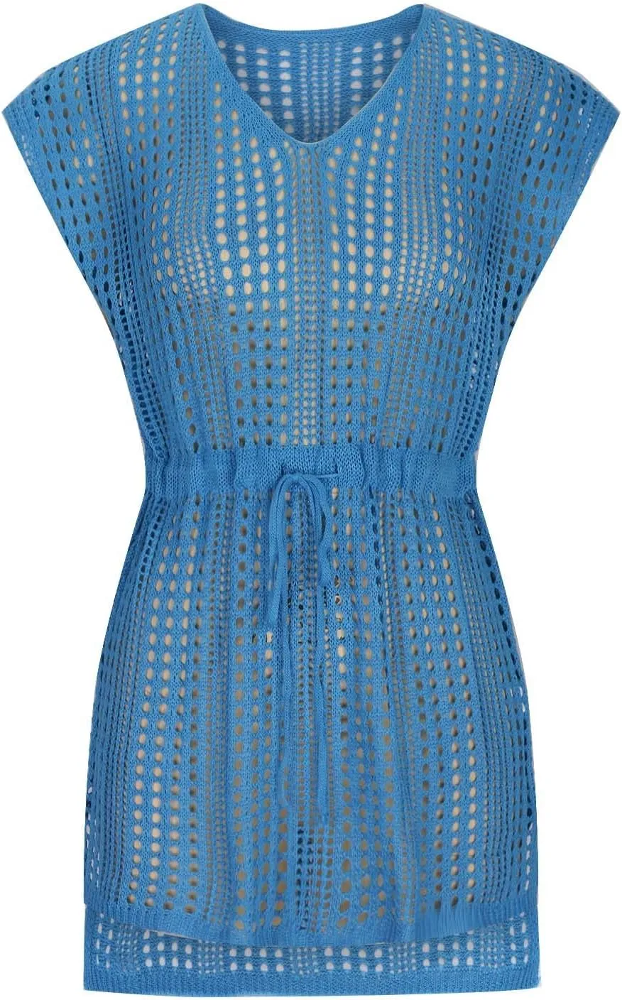 Women's Crochet Swimsuit V Neck Cover Ups Cap Sleeve Vacation Beachwear Mesh Knit Drawstring Lace Up Outfit