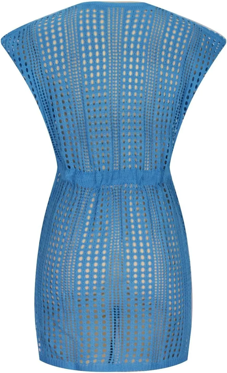 Women's Crochet Swimsuit V Neck Cover Ups Cap Sleeve Vacation Beachwear Mesh Knit Drawstring Lace Up Outfit