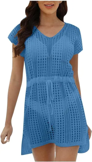 Women's Crochet Swimsuit V Neck Cover Ups Cap Sleeve Vacation Beachwear Mesh Knit Drawstring Lace Up Outfit
