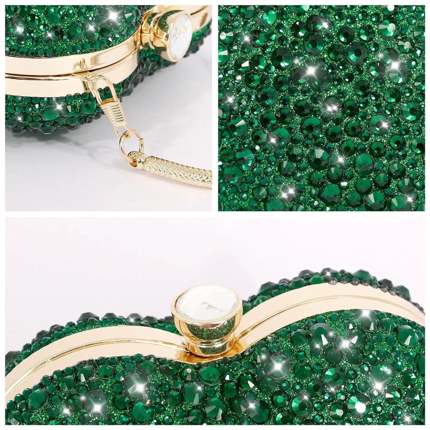 Womens Elegant Heart Type Evening Bag Shiny Rhinestone Clutch Purse Party Wedding Prom Handbag Chain Shoulder Bag