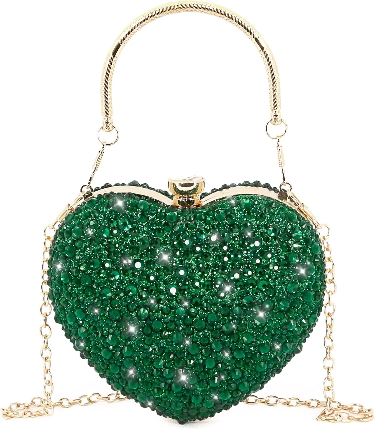 Womens Elegant Heart Type Evening Bag Shiny Rhinestone Clutch Purse Party Wedding Prom Handbag Chain Shoulder Bag