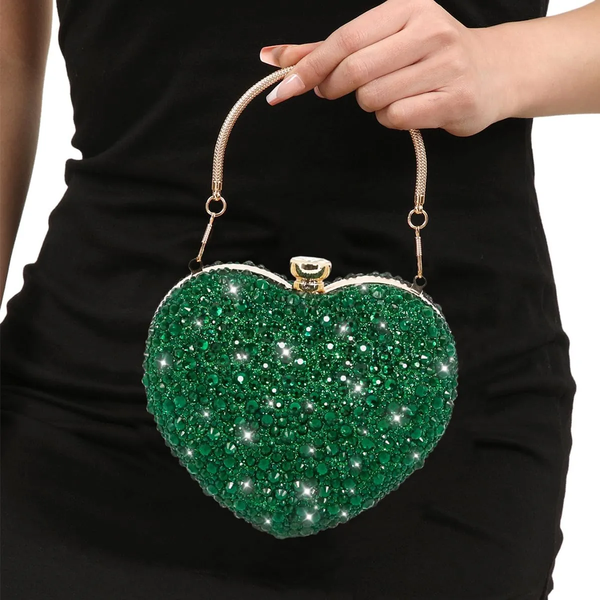 Womens Elegant Heart Type Evening Bag Shiny Rhinestone Clutch Purse Party Wedding Prom Handbag Chain Shoulder Bag