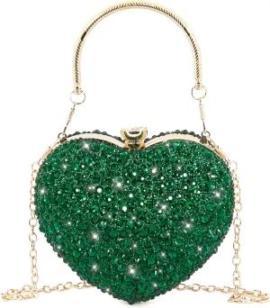 Womens Elegant Heart Type Evening Bag Shiny Rhinestone Clutch Purse Party Wedding Prom Handbag Chain Shoulder Bag