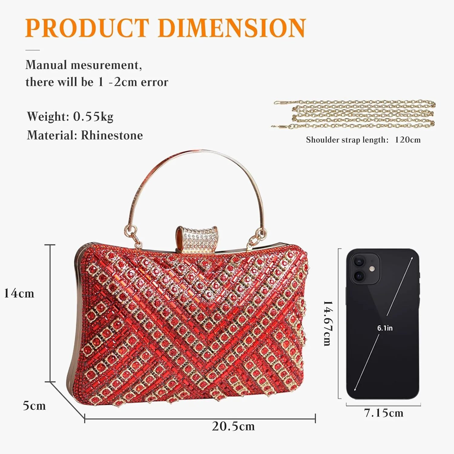 Women's Evening Bag Rhinestone Clutch Bag Bridal Wedding Purse Bling Crystal Shoulder Bag with Detachable Chain