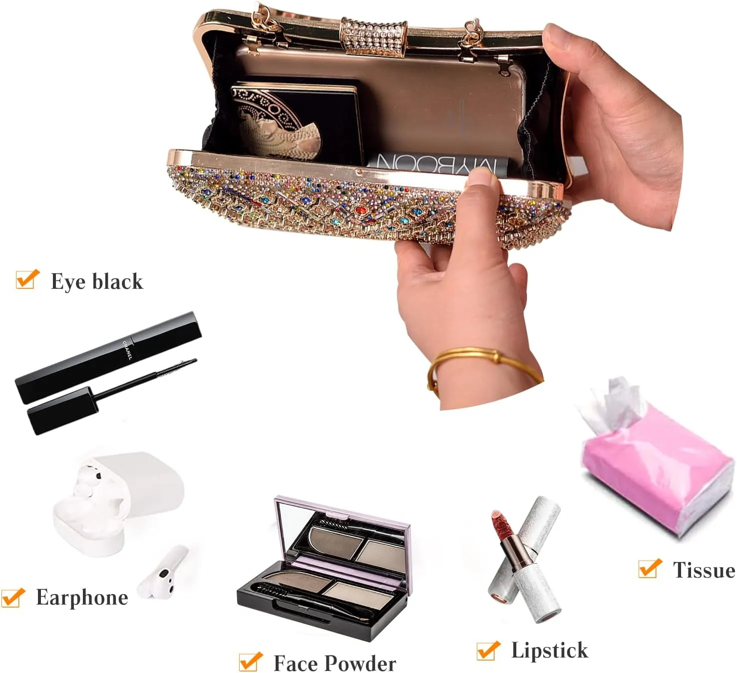 Women's Evening Bag Rhinestone Clutch Bag Bridal Wedding Purse Bling Crystal Shoulder Bag with Detachable Chain