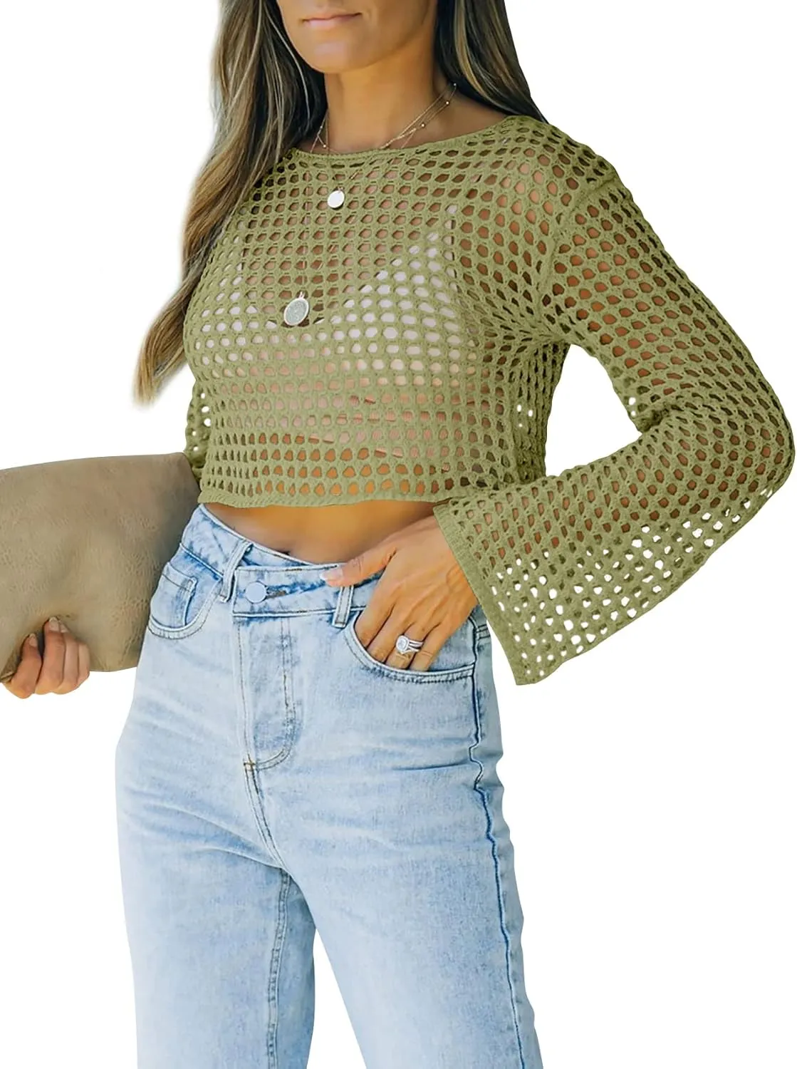 Womens Fishnet Crochet Crop Top Sexy Long Sleeve See Through Hollow Out Mesh Bikini Cover Ups
