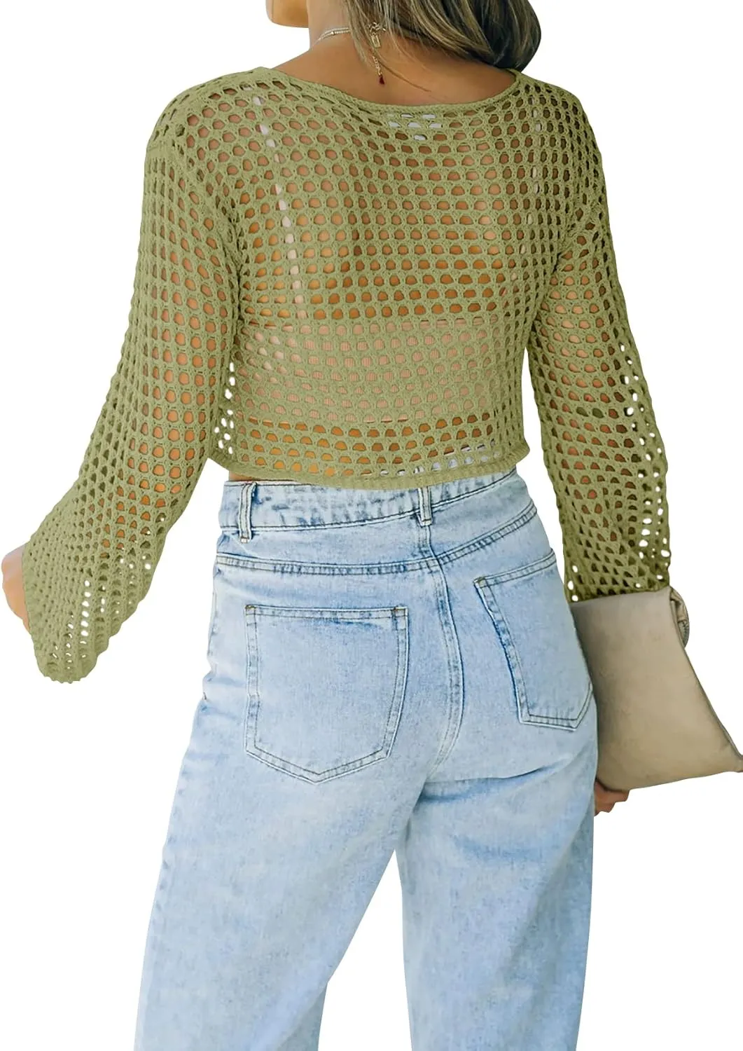 Womens Fishnet Crochet Crop Top Sexy Long Sleeve See Through Hollow Out Mesh Bikini Cover Ups