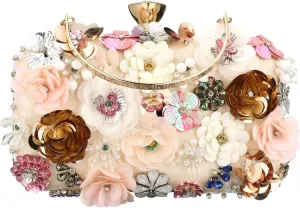 Women's Floral Evening Clutch Bag - Colorful Flower Handbag with Metal Rhinestones