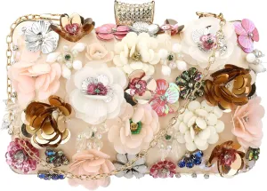 Women's Floral Evening Clutch Bag - Colorful Flower Handbag with Metal Rhinestones