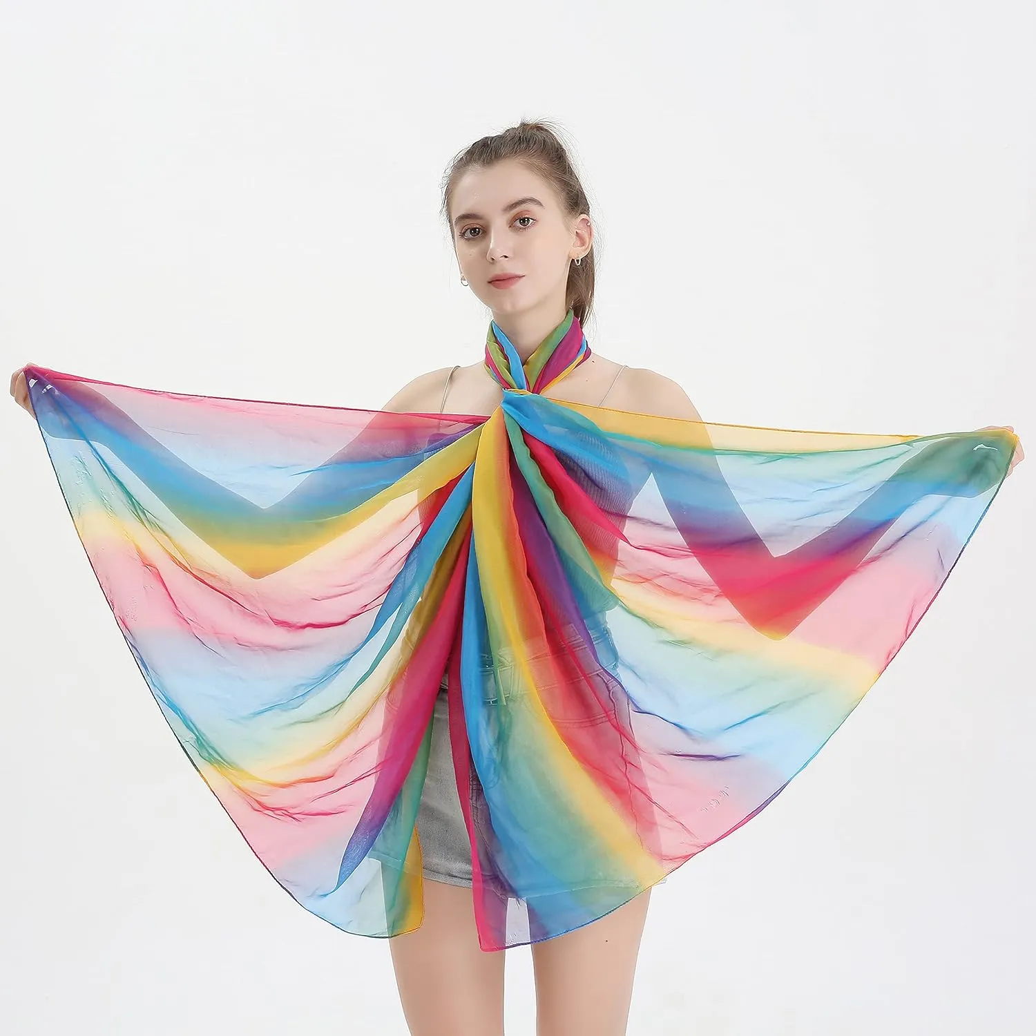 Women's Gradient Rainbow Color Scarf - Large Size Imitation Silk Travel Beach Towel Chiffon