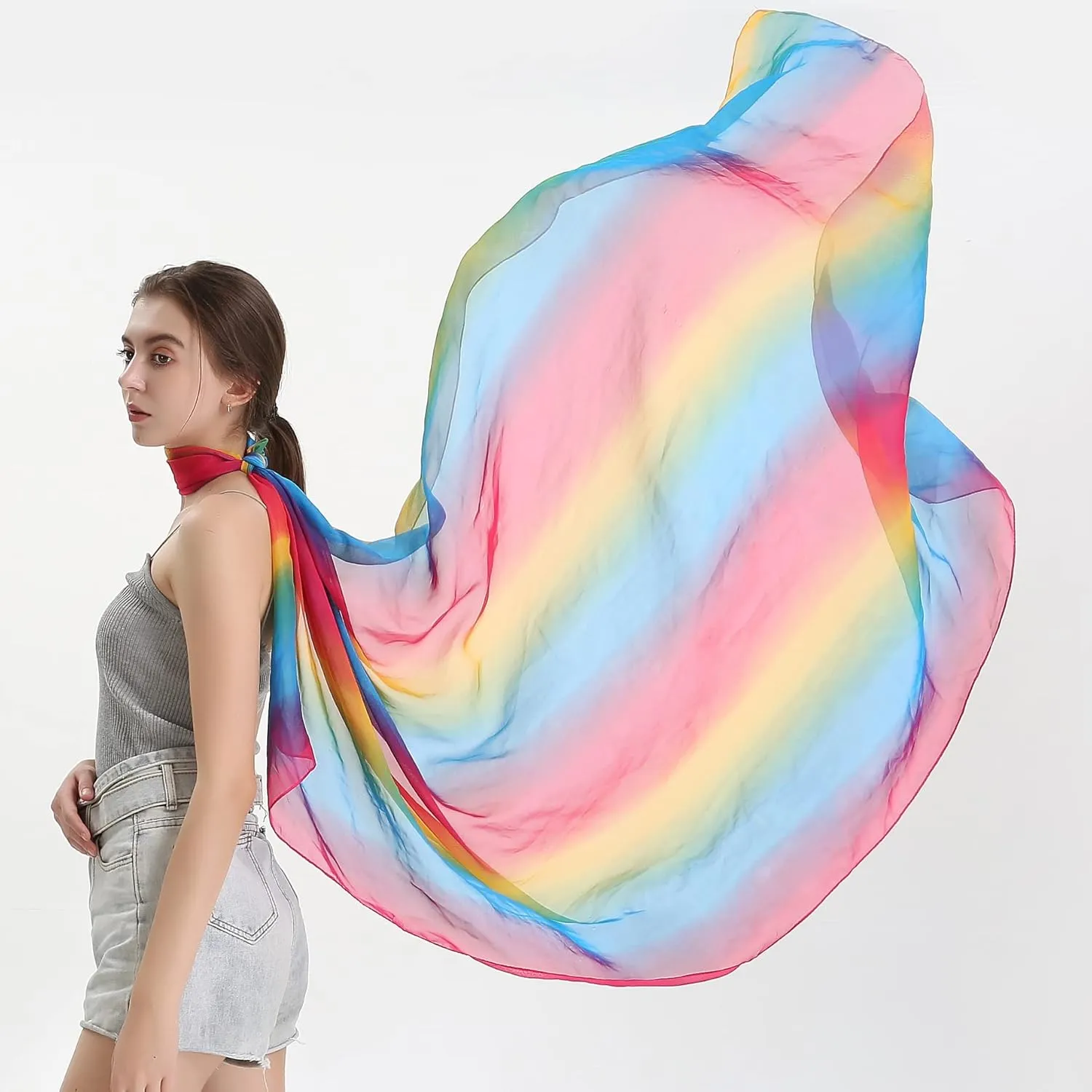 Women's Gradient Rainbow Color Scarf - Large Size Imitation Silk Travel Beach Towel Chiffon