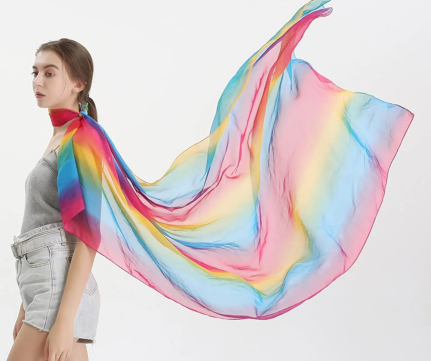 Women's Gradient Rainbow Color Scarf - Large Size Imitation Silk Travel Beach Towel Chiffon