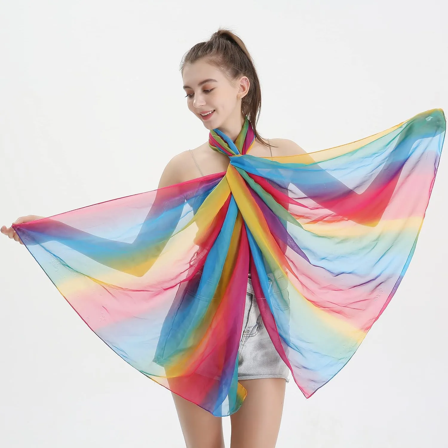 Women's Gradient Rainbow Color Scarf - Large Size Imitation Silk Travel Beach Towel Chiffon