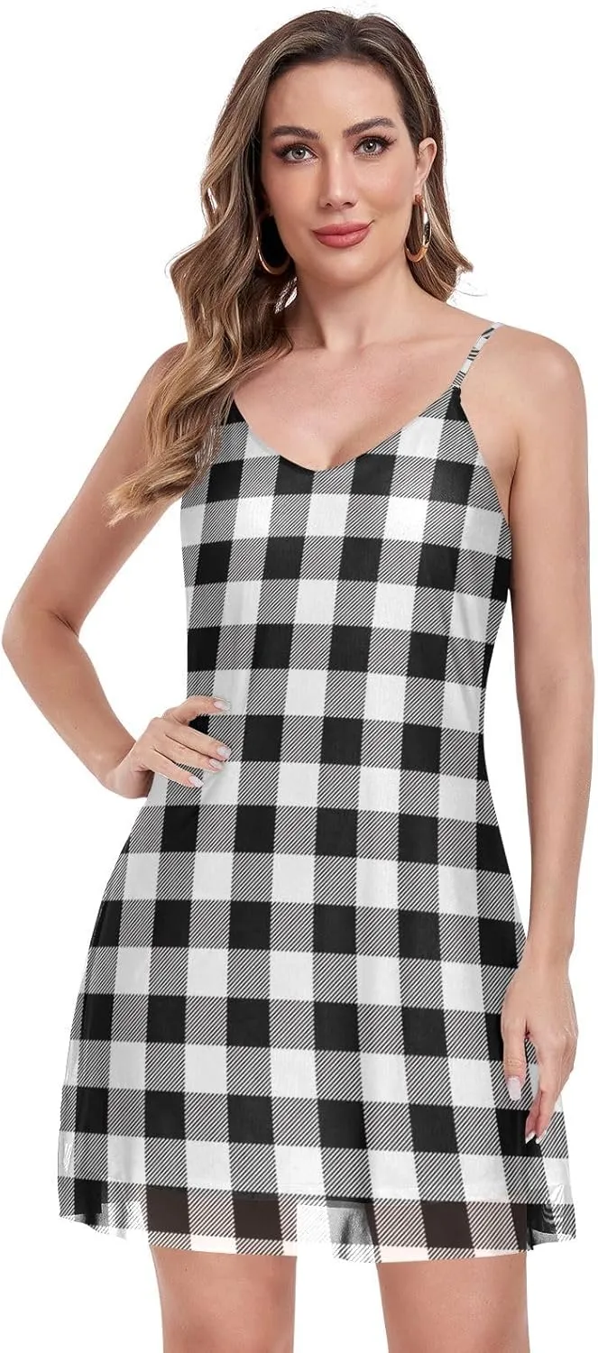 Women's Halter Sleeveless Dress Mesh V-Neck Mini Dresses