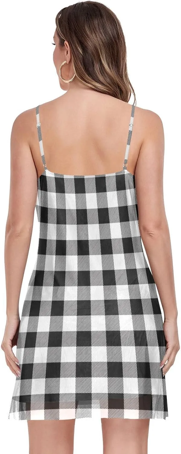 Women's Halter Sleeveless Dress Mesh V-Neck Mini Dresses