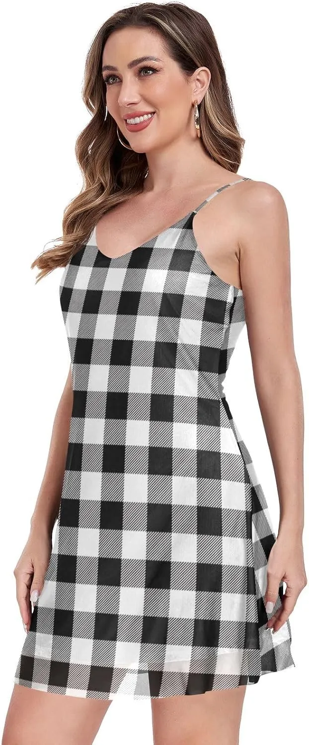 Women's Halter Sleeveless Dress Mesh V-Neck Mini Dresses