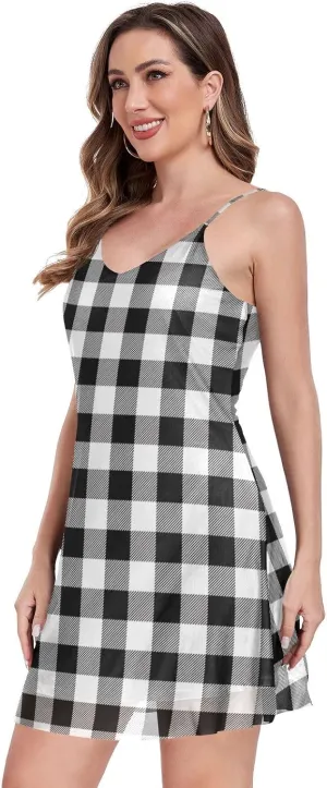 Women's Halter Sleeveless Dress Mesh V-Neck Mini Dresses